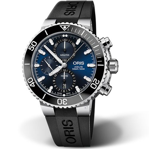 手錶推薦: Oris 機械計時潛水錶藍黑，一支藍黑色面盤、黑色錶圈錶帶、銀色錶殼的手錶