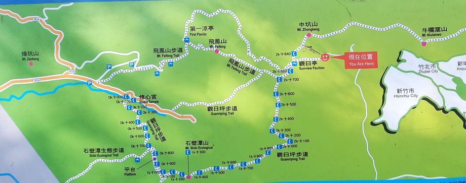飛鳳山的地圖，上面標有各種飛鳳山的登山步道與路線
