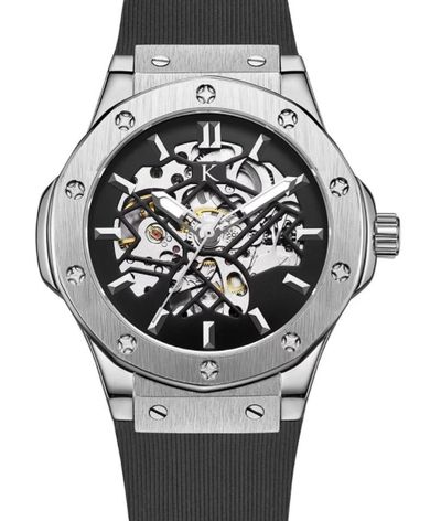 手錶推薦: Klein Dedon銀，是一支銀色錶殼錶盤、黑色橡膠錶帶的鏤空設計手錶