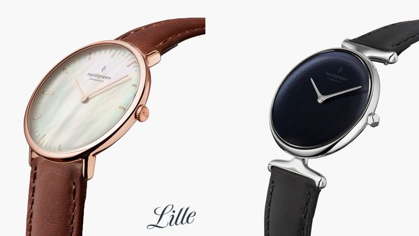 手錶品牌推薦: Nordgreen的品牌封面，左邊為Nordgreen的一支牌色面盤、棕色錶帶的手錶，右邊則是黑色面盤、黑色錶帶的手錶