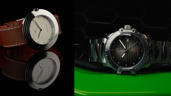 Nove品牌示意圖，我最推薦的手錶品牌，圖中兩支錶是Nove的推薦手錶款式，左側為白色面盤、銀色錶殼、棕色錶帶的Nove streamliner，右側是黑色面盤、銀色錶殼錶帶的Nove Modena