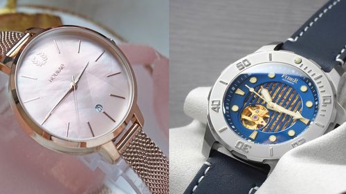 台灣手錶品牌推薦示意圖，圖的左側為一支粉紅色的台灣品牌荷萊的手錶，而右側則是台灣品牌Fiber的藍色海洋潛將手錶