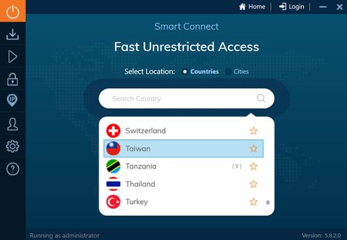 Ivacy VPN電腦版各國伺服器的連線選單。圖片中央為選單，選單中有Switzerland、Taiwan、Tanzania、Thailand、Turkey