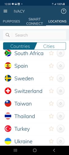 Ivacy VPN伺服器國家選單，圖為Countries選單，有South Africa、Spain、Sweden、Switzerland、Taiwan、Thailand、Turkey、Ukraine可供選擇
