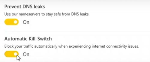 Cyberghost VPN的Kill Switch設定介面，圖中有上下兩行，上方是Prevent DNS Leaks的黃色設定按鈕，下方是Automatic Kill-Switch功能的黃色設定按鈕