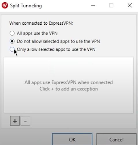 圖片為ExpressVPN的VPN分流功能設定按鈕，寫著When Connected to ExpressVPN: All apps use the VPN、Do not allow selected apps to use the VPN、Only allow selected apps to use the VPN