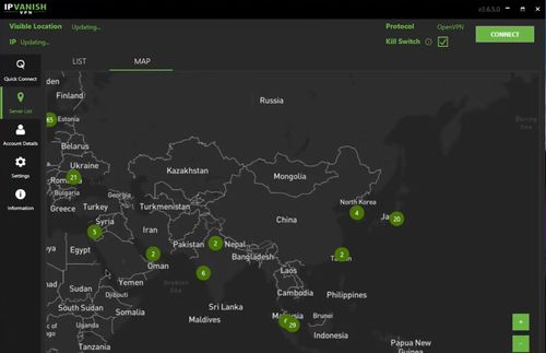 IPVanish VPN的操作介面，顯示了IPVansih在哪些國家有VPN伺服器，用以解釋VPN伺服器的涵蓋國家數量