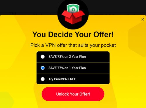 PureVPN優惠視窗，圖中寫著You Decide Your Offer! Pick a VPN offer that suits your pocket，有三個選項，第一個是SAVE 73% on 2 Year Plan、第二個是SAVE 77% on 1 Year Plan，第三個是Try PureVPN FREE