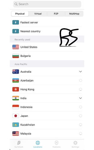 Surfshark VPN手機板操作介面，圖中為國家國旗圖示選單