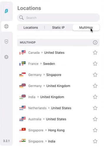 圖片有多格國家的國旗，代表多國的VPN伺服器，為Surfshark VPN的雙重VPN功能介面