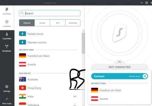 Surfshark VPN的電腦版操作介面，左側有各種國家國旗與選單，右側則是連線的按鈕